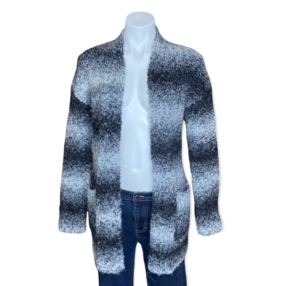 RACHEL ZOE Cardigan Sweater Boucle Striped Wool Alpaca Black Gray Blend XS